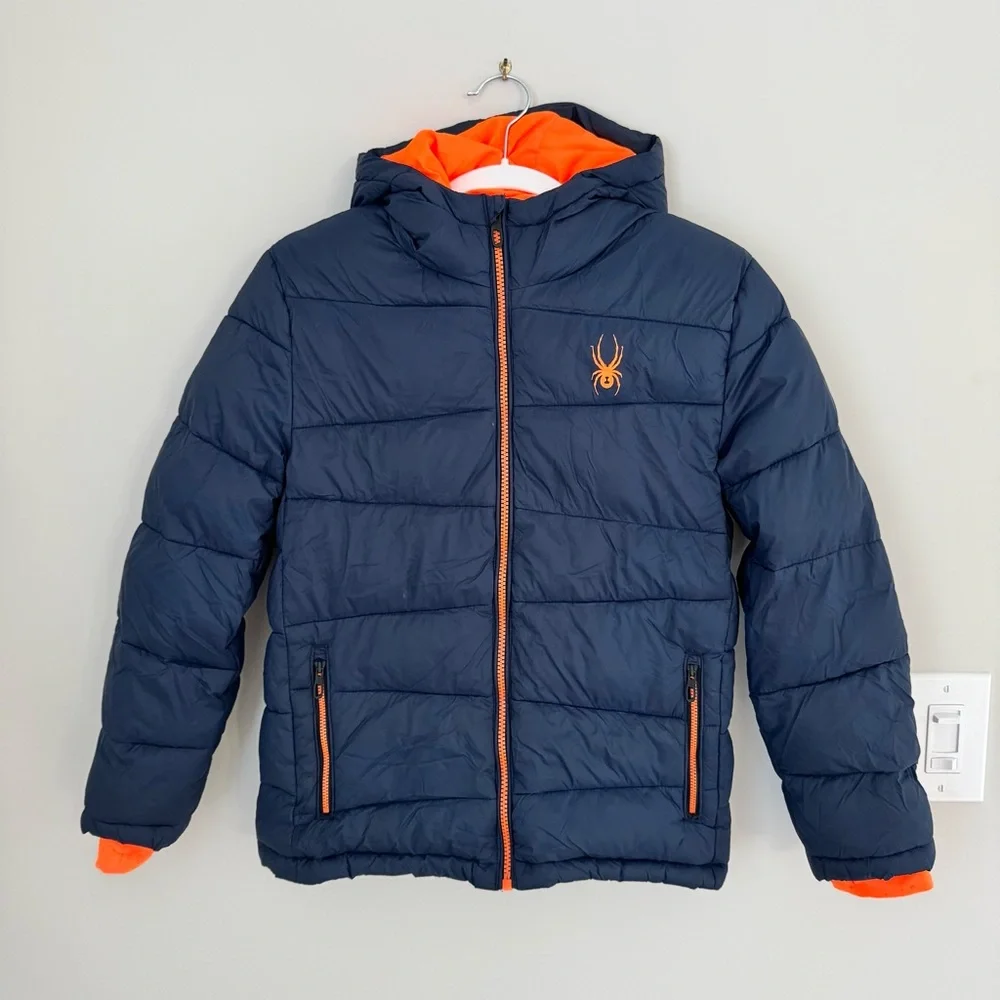 Spyder boys water resistant hooded nexus puffer jacket navy orange size M 10/12